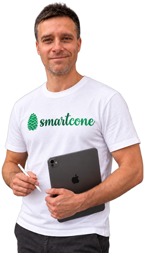 Peter v tričku Smartcone s tabletom